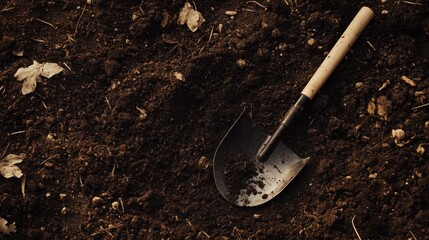 A top-down view of a garden hoe resting on a garden bed, with soil nearby. The focus is on the garden hoe's design and purpose.