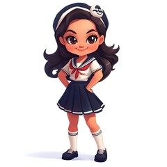Cartoon girl with a cheeky smile in a sailor-inspired outfit on a white background.