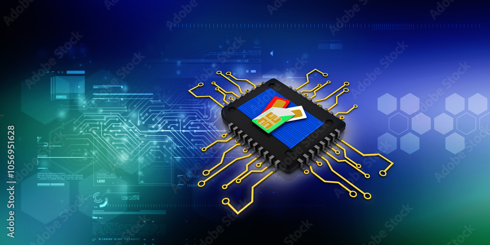 Aufkleber 3d rendering sim card on latest computer microchips