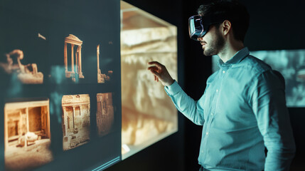 A museum visitor exploring historical artifacts enhanced with AR displays, showing virtual reconstructions of ancient structures and objects