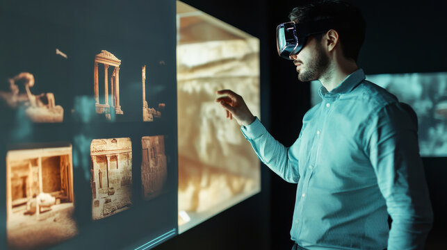 A museum visitor exploring historical artifacts enhanced with AR displays, showing virtual reconstructions of ancient structures and objects