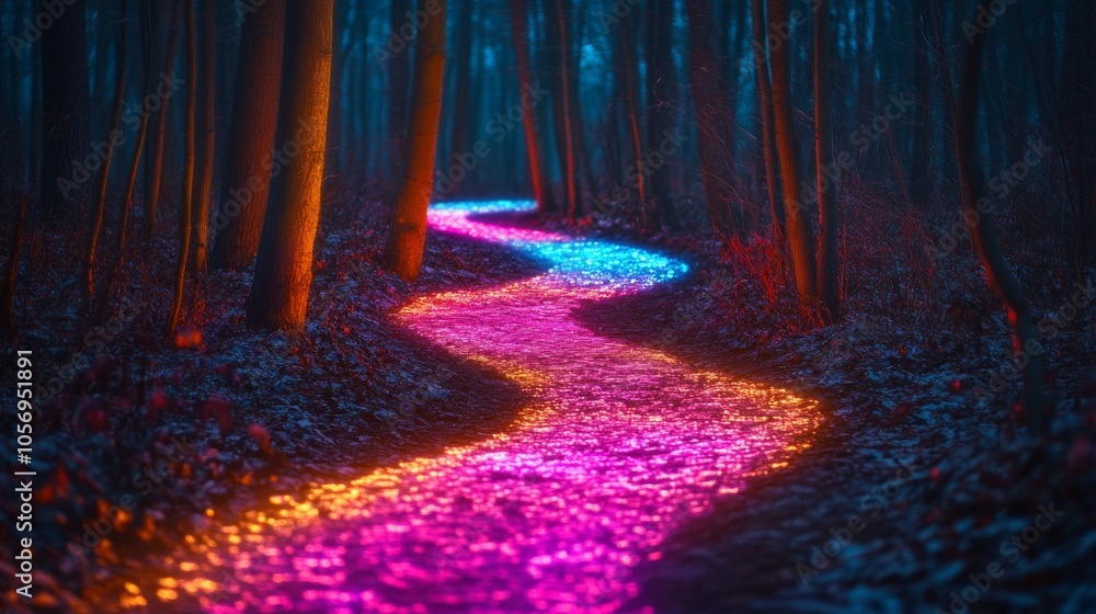 Poster illuminated path through a dark forest