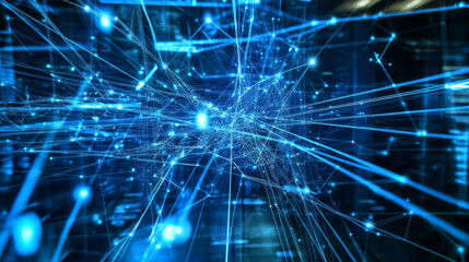 Obraz premium A neural network training on large datasets, visualized on a screen with lines and nodes constantly updating, reflecting real-time learning