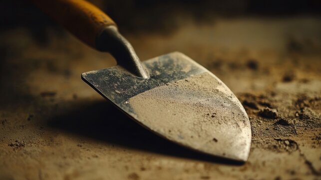 A close-up shot of the trowel's blade, capturing the details and finish, with the handle softly blurred behind it.