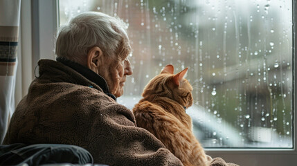Melancholic senior old lonely man gazes through the window, accompanied by his loyal cat. The somber atmosphere is palpable, moment of reflection and solitude. Pet as a friend for elderly people