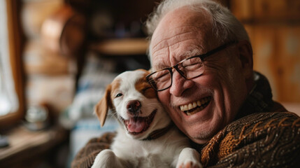 Positive attitude towards animals, love for a pet as a family member. Smiling old senior happy man hugs a puppy. 