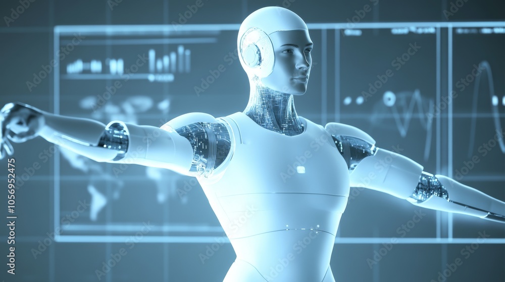 Aufkleber futuristic humanoid robot with outstretched arms, showcasing advanced technology and digital interfa