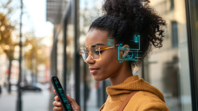 A person unlocking a smartphone using facial recognition technology, with visual prompts highlighting the biometric match,