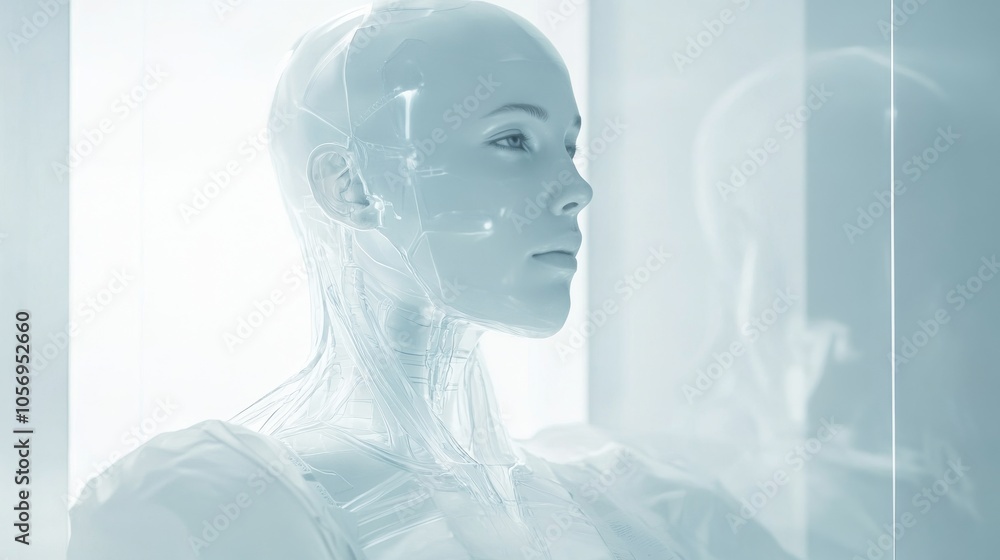 Poster futuristic robot figure with translucent features, symbolizing advanced technology and artificial in