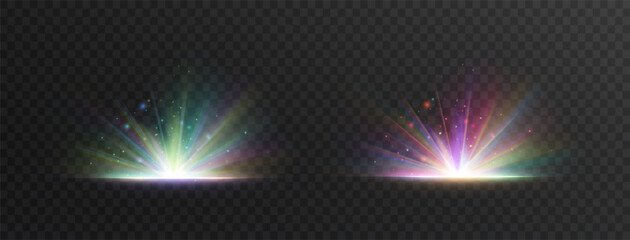 Crystalline effect of a bright flickering flash of light on a transparent background with rays and highlights. Crystal explosion.  Glowing bright light explosion effect. Vector illustration. Lens