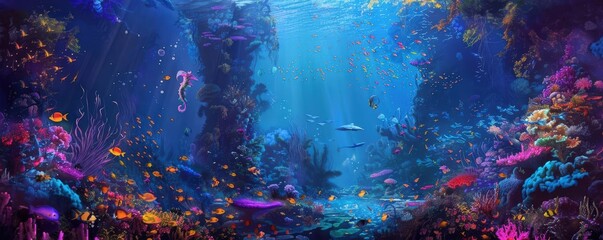 Fototapeta premium Craft a whimsical underwater world with intricate coral reefs and bioluminescent creatures