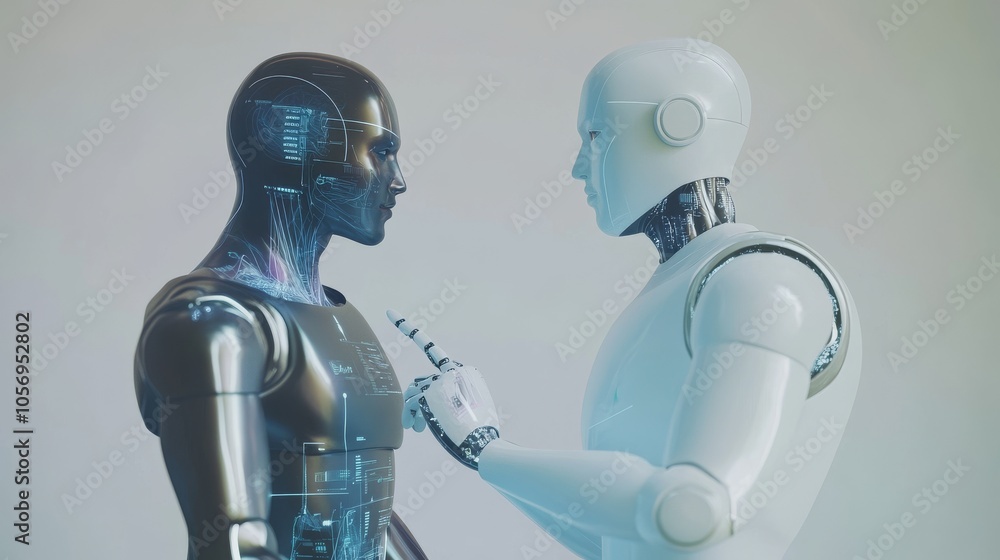 Poster futuristic robots interact in a sleek, modern setting, showcasing advanced technology and artificial