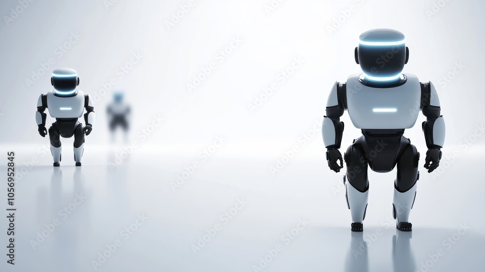 Poster futuristic robots stand in a minimalist environment, showcasing advanced technology and design for i