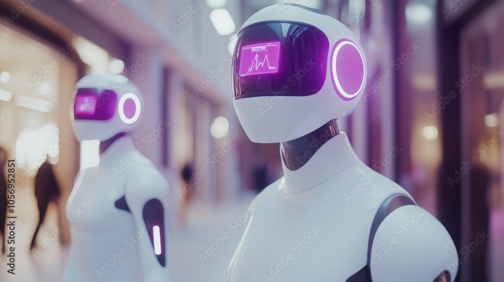 Poster futuristic robots with glowing features in a modern setting, showcasing technology and innovation in