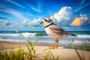 Adult Piping Plover Charadrius Melodus on the Beach with Lush Sand, Clear Sky, and Gentle Waves for Nature Photography Lovers and Birdwatching Enthusiasts