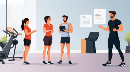 Fototapeta premium Group of fitness enthusiasts interacting in a modern gym, sharing tips and enjoying a positive workout environment.