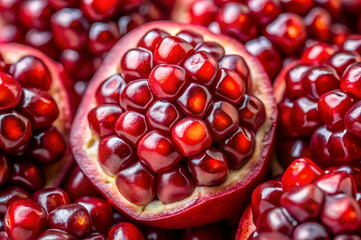 A close-up of pomegranate seeds, showcasing their vibrant red color and juicy texture in a half-sliced fruit, emphasizing freshness and nutrition.