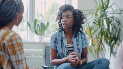 Depressed patient talking to her therapist. Woman engaging in a conversation with African-American female psychologist. Supportive and empathetic interaction between two individuals on therapy session
