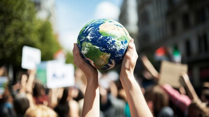 Hands holding a globe symbolize unity and awareness at an environmental protest for climate change action and sustainability.