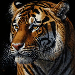 Obraz premium A hyper-detailed charcoal drawing capturing a close-up of a tigers face set against a deep black background. Its fierce golden eyes, shaded with precision, appear to glow, conveying an intense inner f