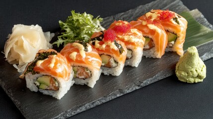 Fresh Salmon Sushi Rolls on Slate Plate
