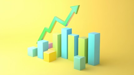 Fototapeta premium A 3D illustration of bar graphs with an upward arrow, symbolizing growth and progress.
