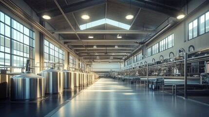 Fototapeta premium Industrial Interior with Stainless Steel Tanks and Pipelines