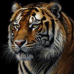Fototapeta premium A hyper-detailed charcoal drawing capturing a close-up of a tigers face set against a deep black background. Its fierce golden eyes, shaded with precision, appear to glow, conveying an intense inner f