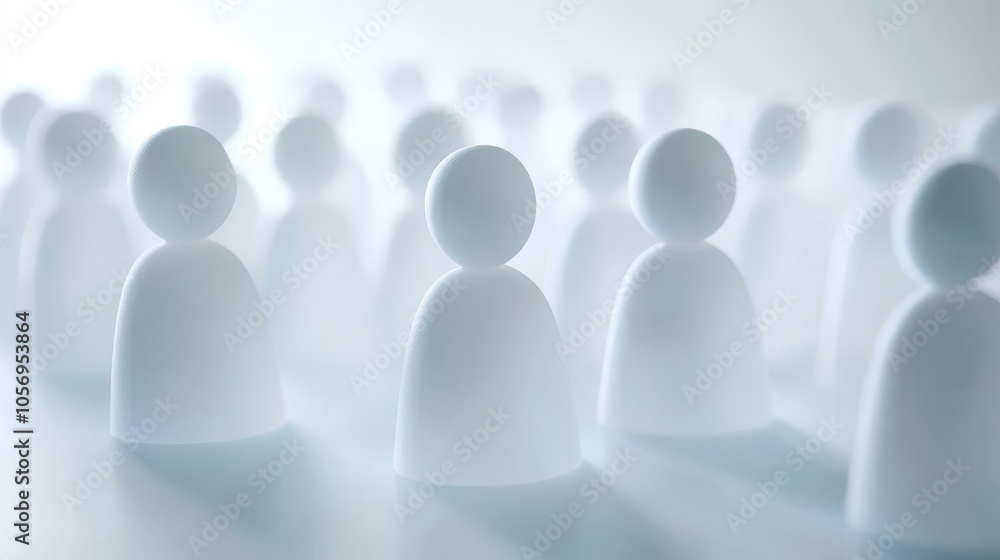 Poster minimalist design featuring a crowd of white figures on a soft background, symbolizing unity, divers