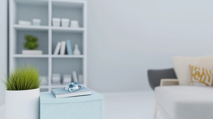 Minimalist living room with cozy elements like plants, books, and soft furnishings, creating a tranquil atmosphere.