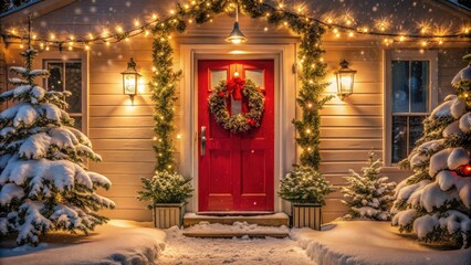 Vintage Christmas Porch Decoration with Snow-Covered Garland, Red Door Wreath, and Twinkling Holiday Lights for Festive Winter Charm
