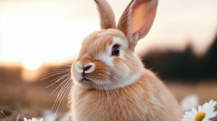 Cute Bunny Rabbit in a Field of Daisies at Sunset