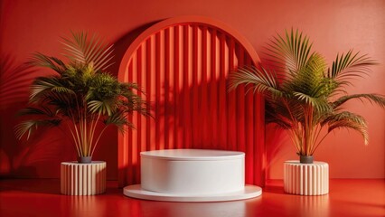 Fototapeta premium Product podium presentation area with red backdrop and tropical plants for marketing banner display