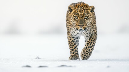 Obraz premium a stunning golden leopard with delicate bronze spots walks elegantly on frost-covered ground, its curious gaze isolated on a pristine white backdrop, creating a sharp, clean image.