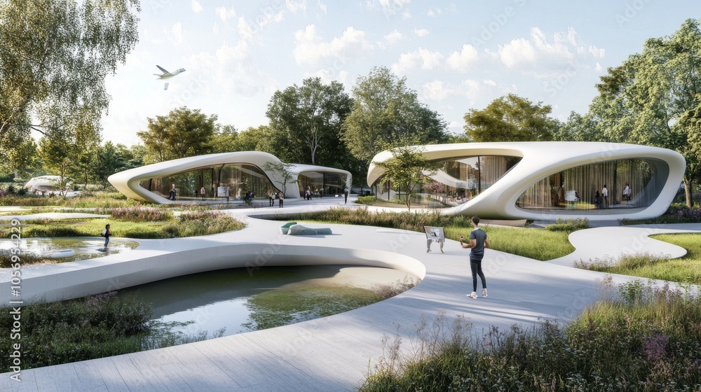 Poster modern architecture in a serene park setting, showcasing elegant curves and natural integration with