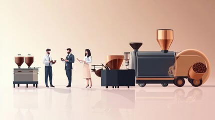 Modern coffee production scene featuring a roaster, equipment, and professionals discussing flavors and techniques.