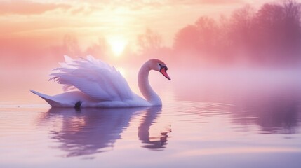 Naklejka premium an elegant white swan gliding across a calm lake, showcasing its feathers against a serene twilight backdrop. The tranquil scene invites relaxation and peaceful contemplation.
