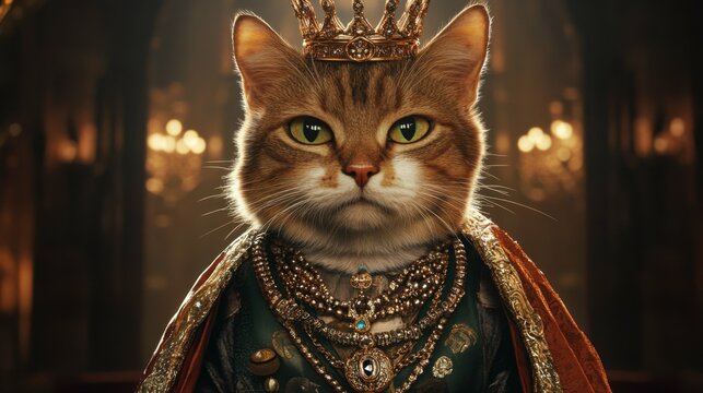 a high-fashion portrait of a stylish Sokoke cat adorned with luxurious jewelry and a crown, dressed in elegant clothes against a lavish backdrop, captured in hyper-detailed cinematic lighting.