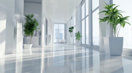 Modern hallway with large windows, reflecting light on shiny floors, enhanced by indoor plants for a fresh atmosphere.