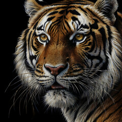 A hyper-detailed charcoal drawing capturing a close-up of a tigers face set against a deep black background. Its fierce golden eyes, shaded with precision, appear to glow, conveying an intense inner f