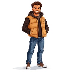 Fototapeta premium Cartoon guy in a stylish puffer vest and jeans on a white background.