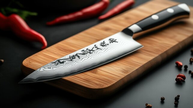 A close-up shot of the knife's blade, highlighting the sharpness and design, with the cutting board softly blurred behind.