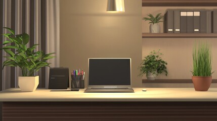 Fototapeta premium Modern workstation with a laptop, plants, and organized shelves. Perfect for creative and productive settings.