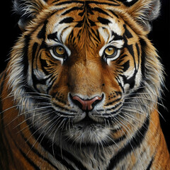 Obraz premium A hyper-detailed charcoal drawing capturing a close-up of a tigers face set against a deep black background. Its fierce golden eyes, shaded with precision, appear to glow, conveying an intense inner f