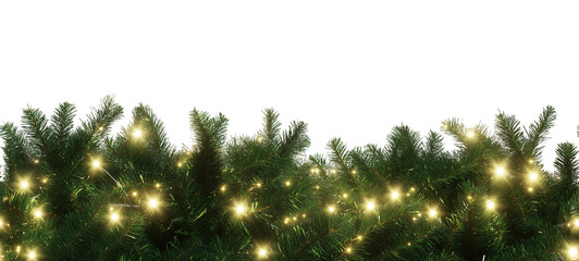 Seamless Horizontal christmas pine Leaves with lights isolated on a transparent background border
