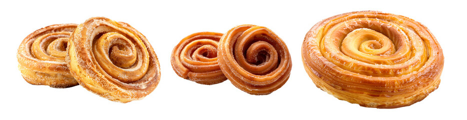 Fototapeta premium Close-up of a freshly baked cinnamon roll with sugar on top isolated on white transparent background. Concept of bakery and desserts