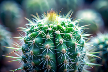A close-up shot of a green cactus covered in spines, showcasing its unique texture and vibrant color.