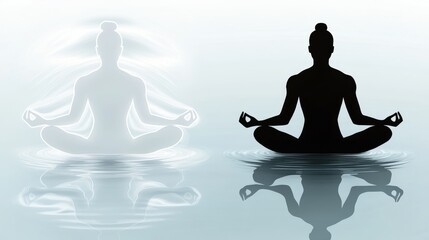 Serene silhouette of a meditating woman reflected on tranquil water, symbolizing peace, balance, and mindfulness.