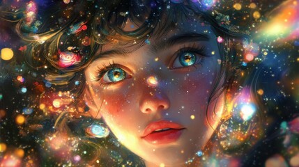 the infinite cosmos and vivid lights shimmer in the eyes of a spirited girl, reflecting her boundless energy and enthusiasm.