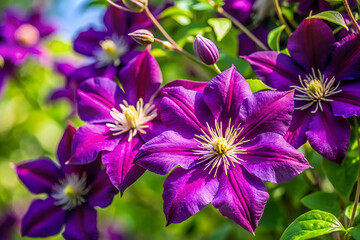 Vibrant purple flowers bloom abundantly, showcasing delicate petals and bright yellow centers against a lush green backdrop.
